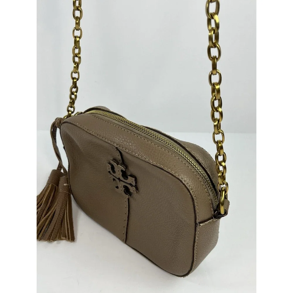 Tory Burch McGraw Camera Crossbody Bag Beige Tan Sand Leather - Strap Damage